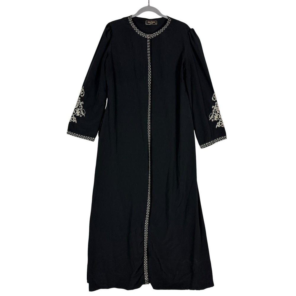 Ayse Melek Kaftan Dress Womens 48 Black Embroidered Zip Front Maxi Long Sleeve